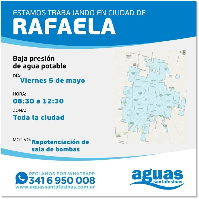 RAFAELA: BAJA PRESIÓN POR MEJORA EN LA PLANTA POTABILIZADORA