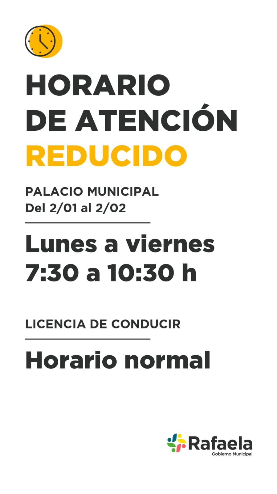 El municipio atenderá en horario reducido durante enero