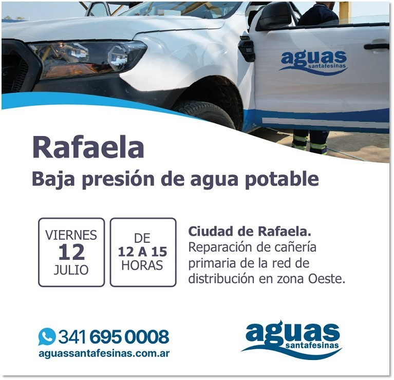 RAFAELA: EL VIERNES 12 HABRÁ BAJA PRESION DE AGUA POTABLE EN PARTE DE ZONA OESTE