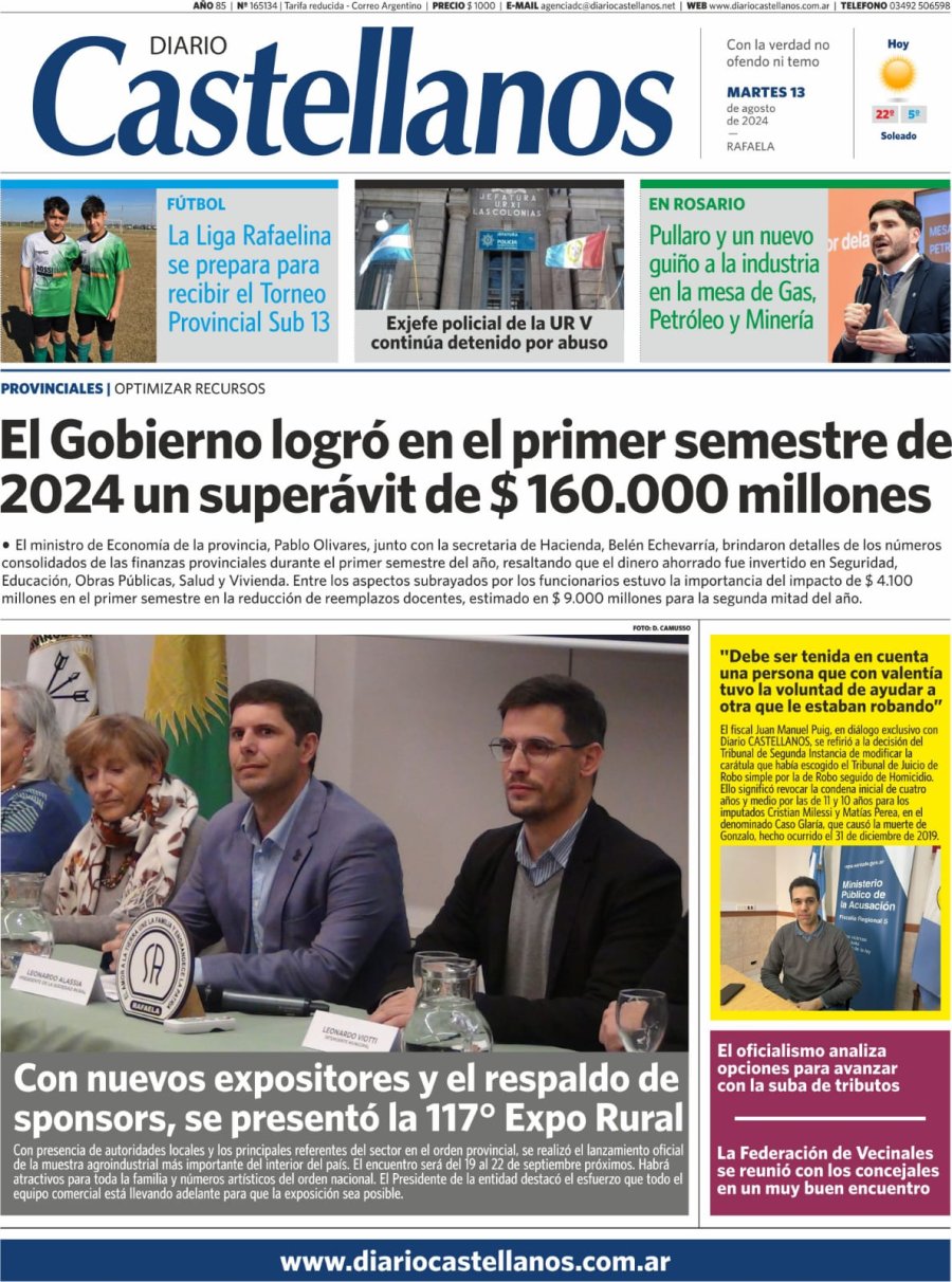 Tapa del martes 13 de agosto de 2024 de Diario Castellanos