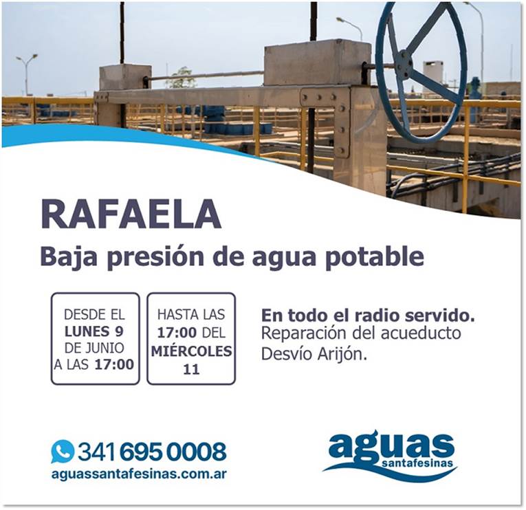 RAFAELA: HABRÁ BAJA PRESIÓN DEL AGUA POTABLE POR TRABAJOS DE MANTENIMIENTO EN UN RAMAL DEL ACUEDUCTO DE DESVÍO ARIJÓN