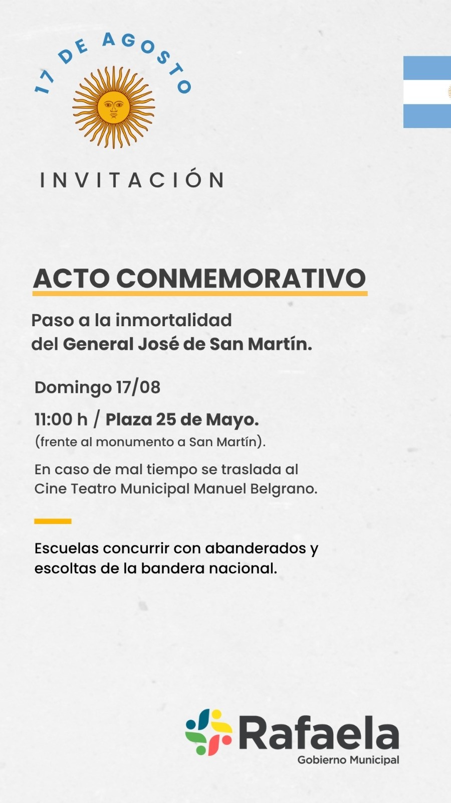 Rafaela conmemorará el Paso a la Inmortalidad del General José de San Martín