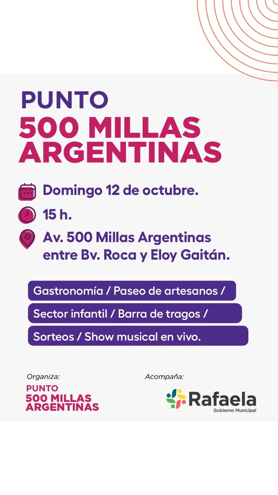 El Punto 500 Millas Argentinas invita a disfrutar una tarde de música, feria y diversión en familia
