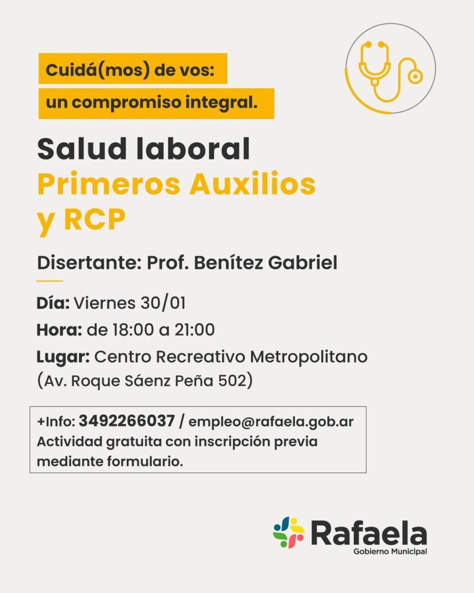 Cómo responder ante una urgencia de salud: se brindará un curso sobre «Salud laboral, Primeros Auxilios y RCP»