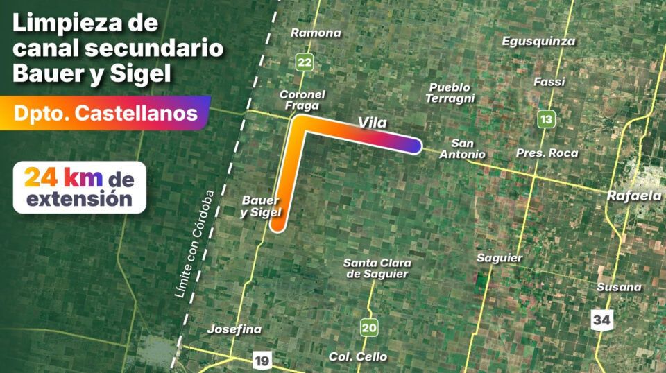 Obras hídricas con mirada productiva: en Castellanos, el Gobierno Provincial terminó la limpieza del canal secundario Bauer y Sigel