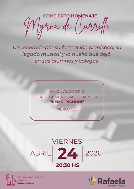 La Escuela Municipal de Música «Remo Pignoni» brindará un concierto homenaje a Myrna R. de Carrillo