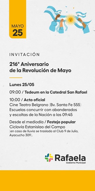 Rafaela celebra el 216° aniversario de la Revolución de Mayo con actos oficiales y propuestas culturales