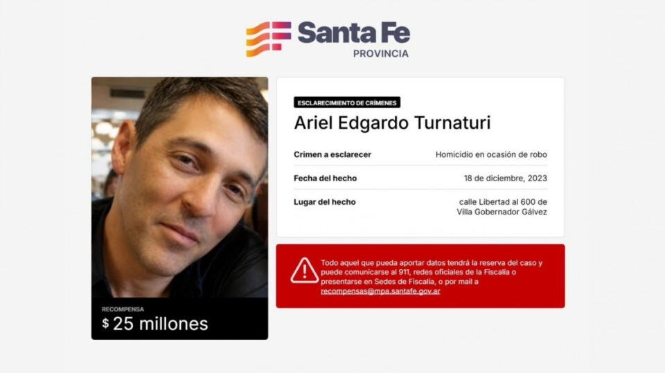 Provincia actualizó a $ 25 millones la recompensa para esclarecer el crimen de Ariel Turnaturi